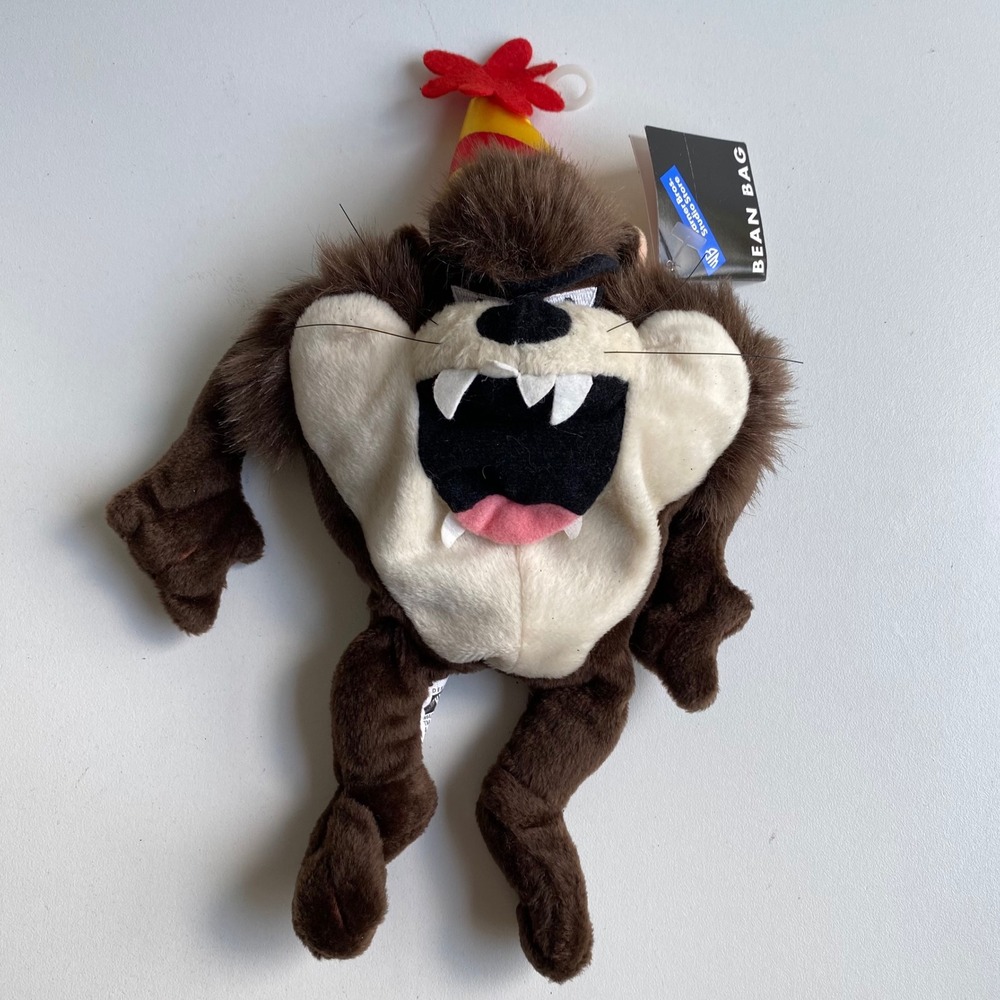 Warner Bros Taz Tasmanian Devil 8" Plush Bean Bag Party Hat 1998‎ Looney Tunes